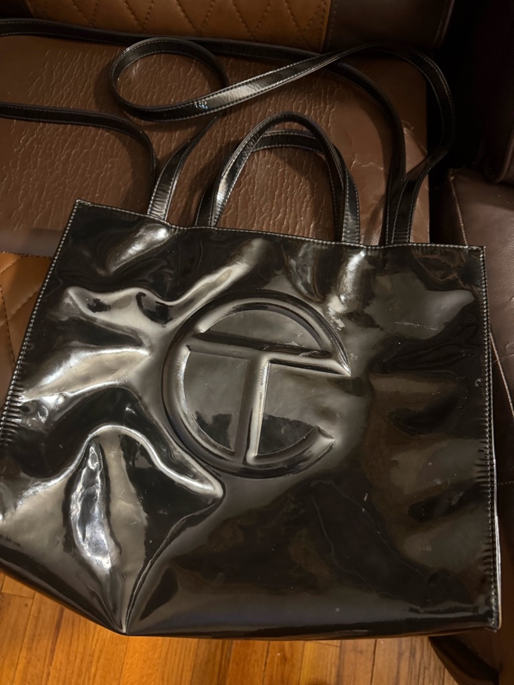 Telfar Black Patent leather Tote with Embossed Logo Medium